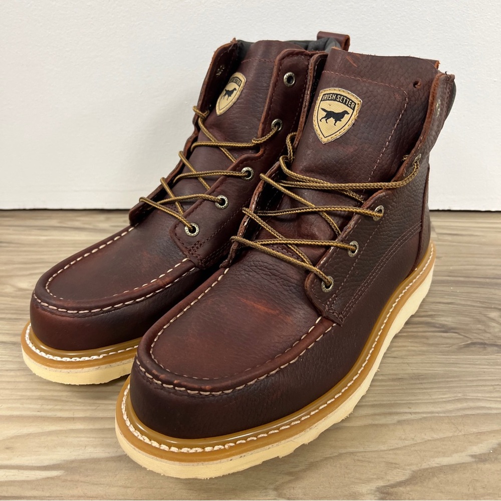 Irish Setter Brown Leather Moc Toe Work Boots with Cream Sole